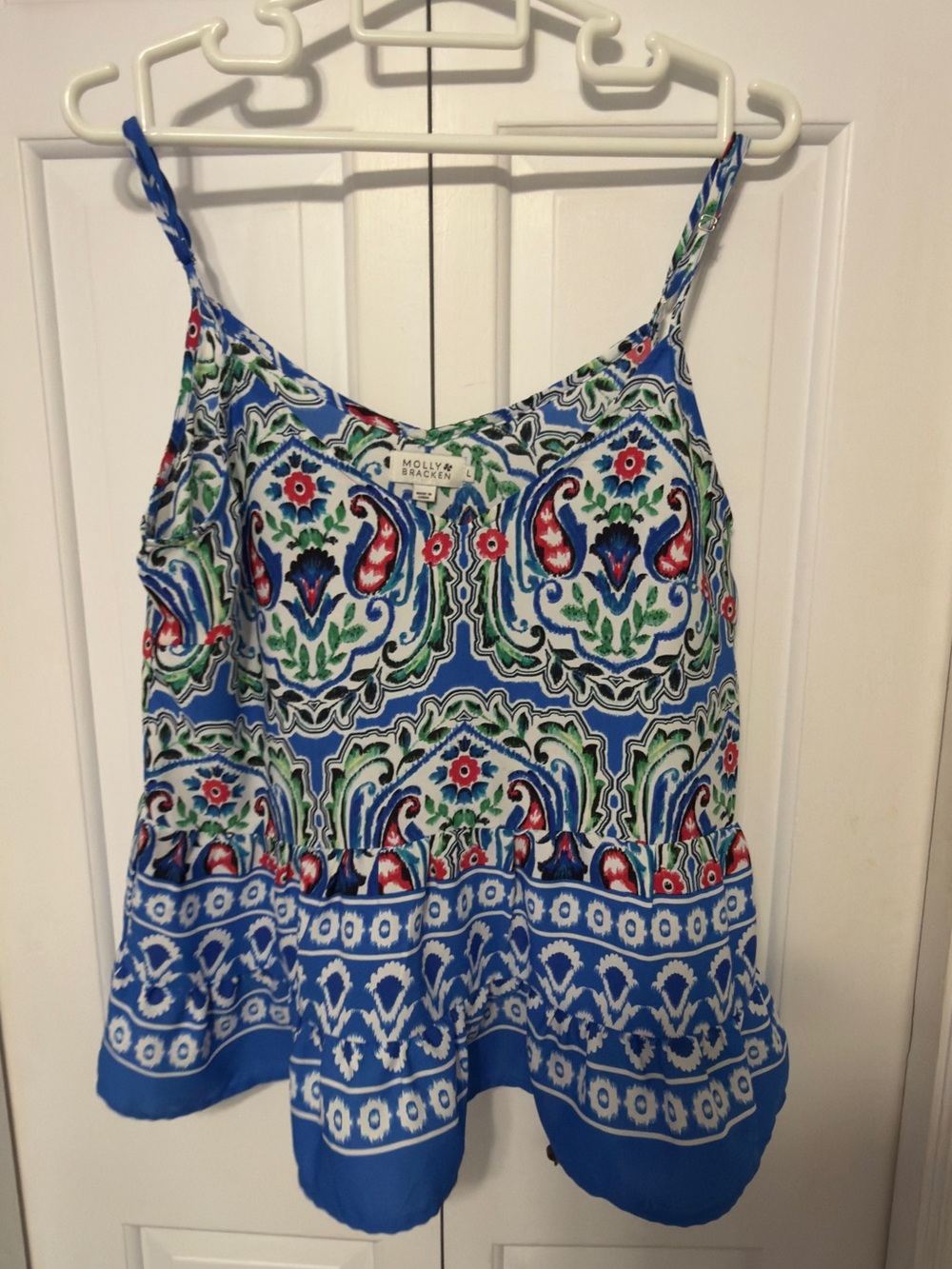 Molly Bracken Blue Printed Spaghetti Strap Camisole.  EUC. Size L